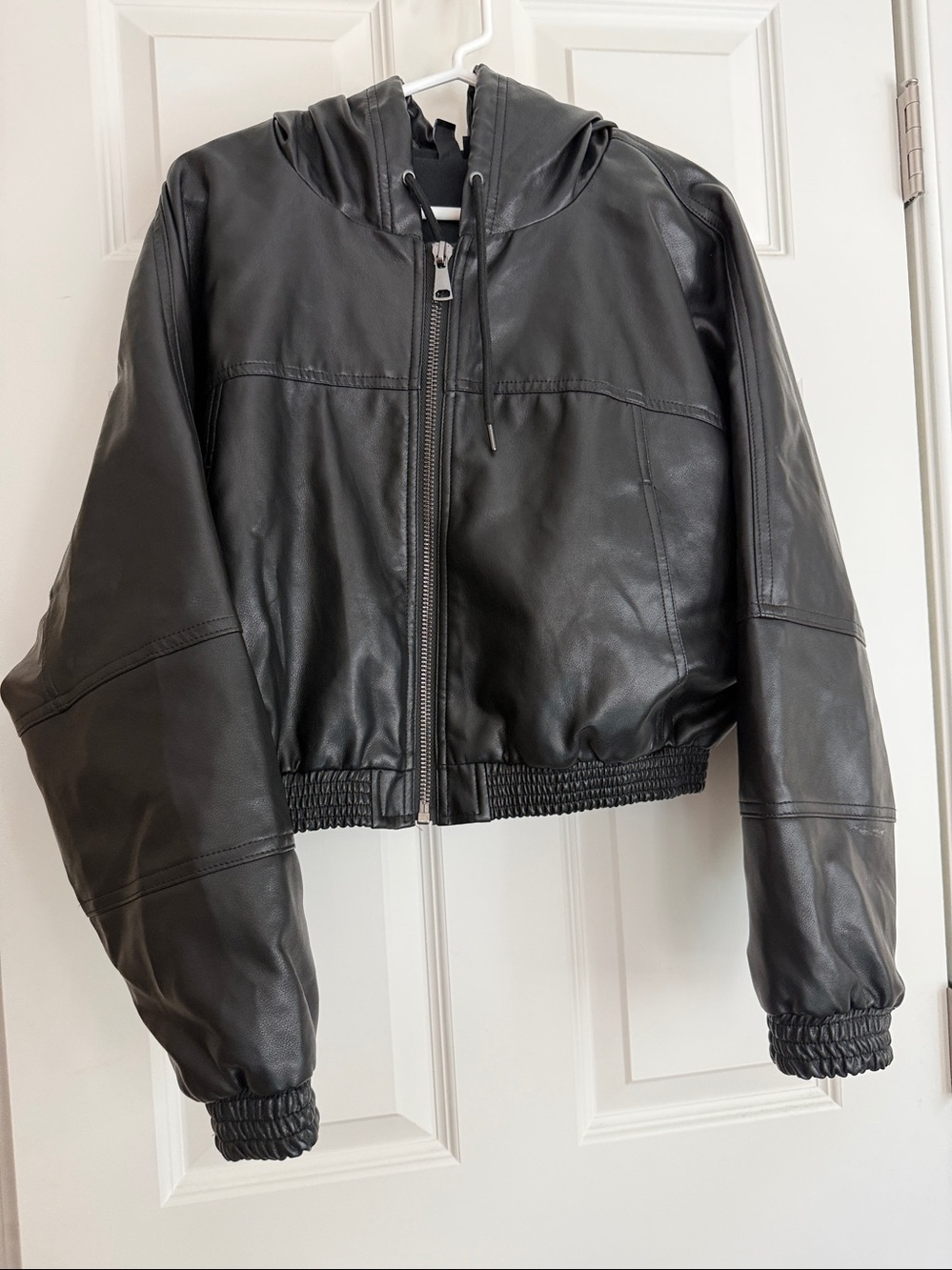 Windsor Black Hooded Faux Leather Cropped Jacket for Kids (L)
